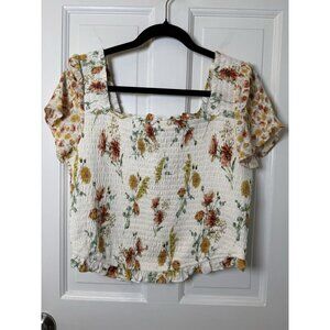 Torrid Smocked Flutter Floral Print Short Sleeve Crop Top SIZE 0 White/Multi